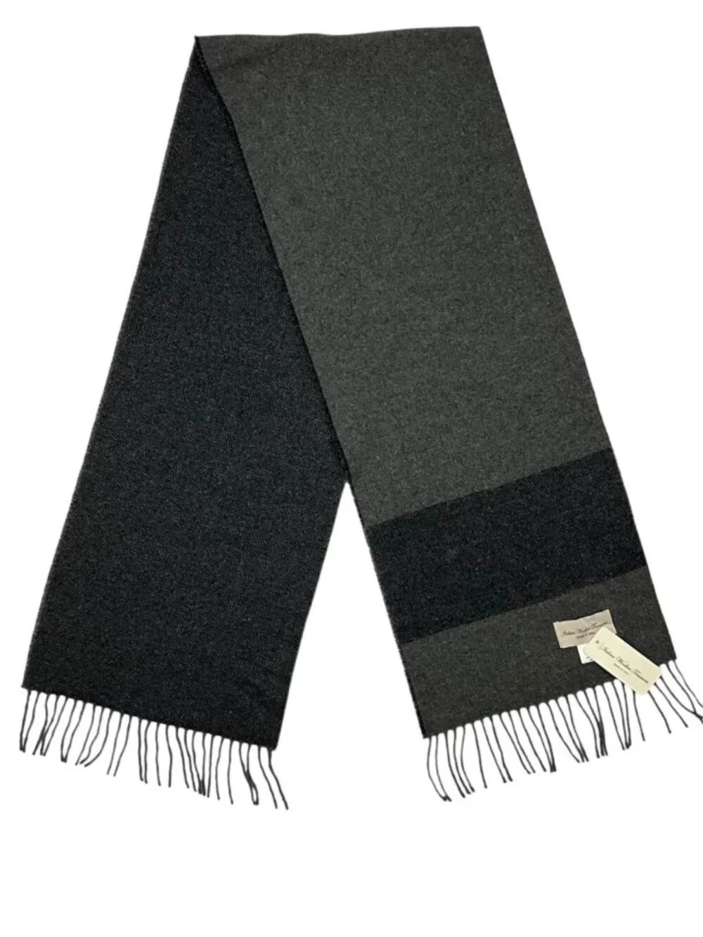 Italian Woollen Treasures Wool Scarf Gray Blue Striped Fringe NEW